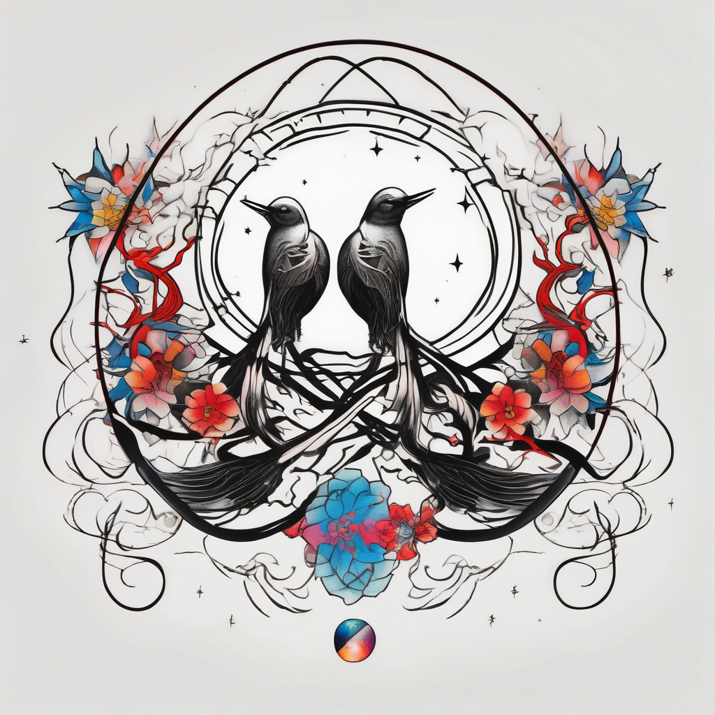 two birds sitting, stars and infinity theme couples tattoo half sleeve tattoos for men, design de tatouage Japonais généré par IA